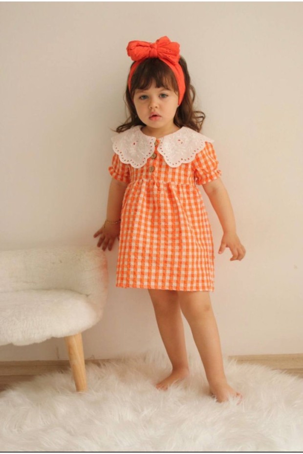 Bebe Yaka Kısa Kol Turuncu Elbise