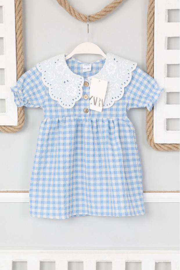 Bebe Yaka Kısa Kol Mavi Elbise