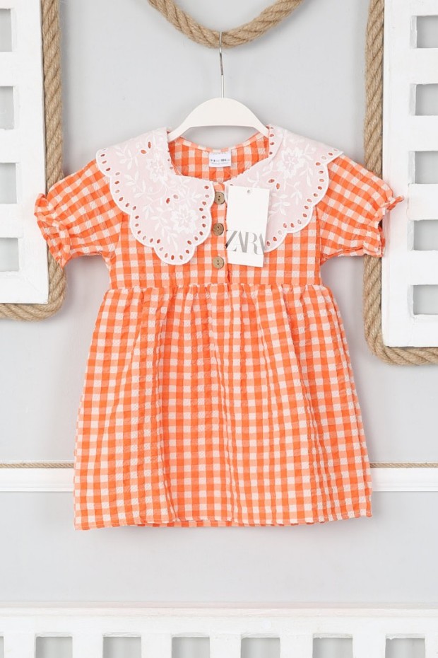 Bebe Yaka Kısa Kol Turuncu Elbise