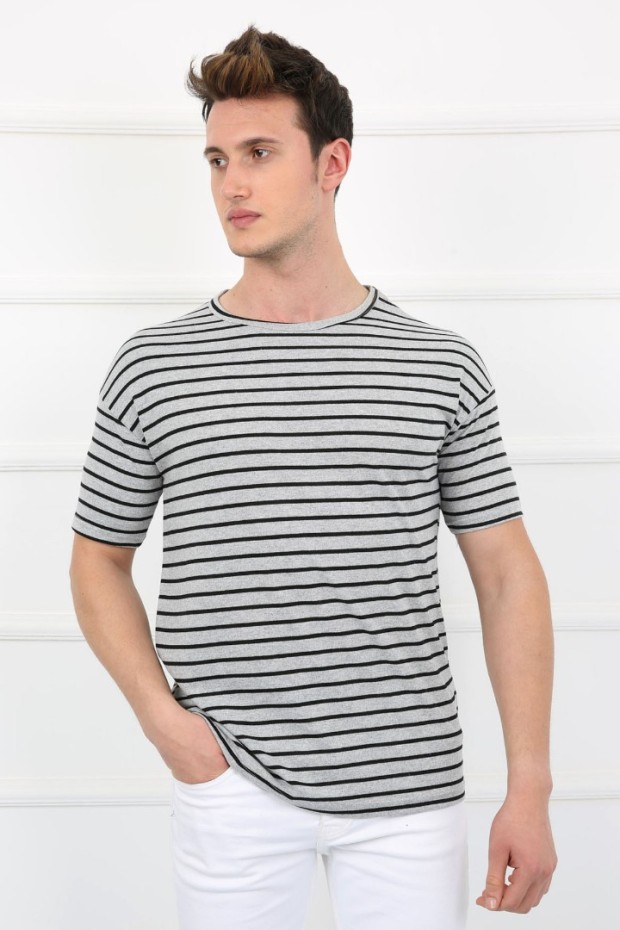 Çizgili Sıfır Yaka Füme Tişört