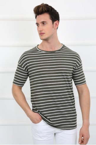 Çizgili Sıfır Yaka Haki Tişört