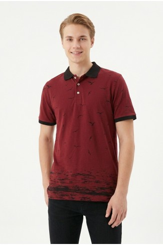Erkek Martı Desenli Garnili Polo Yaka Kısa Kollu Slim Fit Pamuklu Tişört
