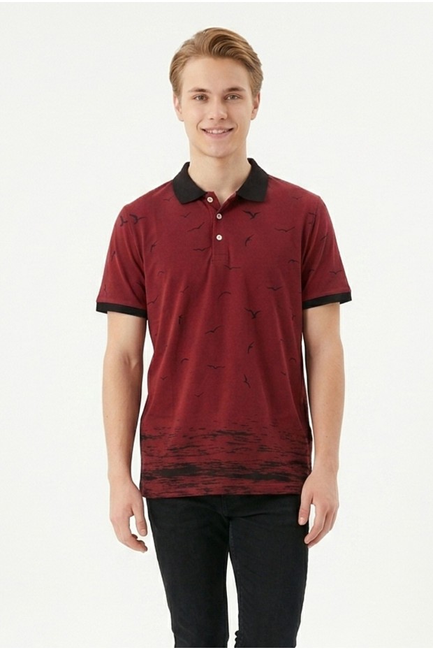 Erkek Martı Desenli Garnili Polo Yaka Kısa Kollu Slim Fit Pamuklu Tişört