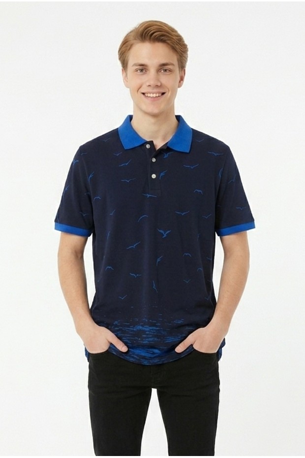 Erkek Martı Desenli Garnili Polo Yaka Kısa Kollu Slim Fit Pamuklu Tişört
