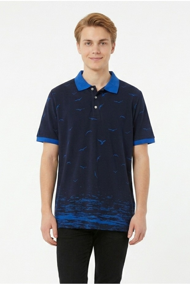 Erkek Martı Desenli Garnili Polo Yaka Kısa Kollu Slim Fit Pamuklu Tişört