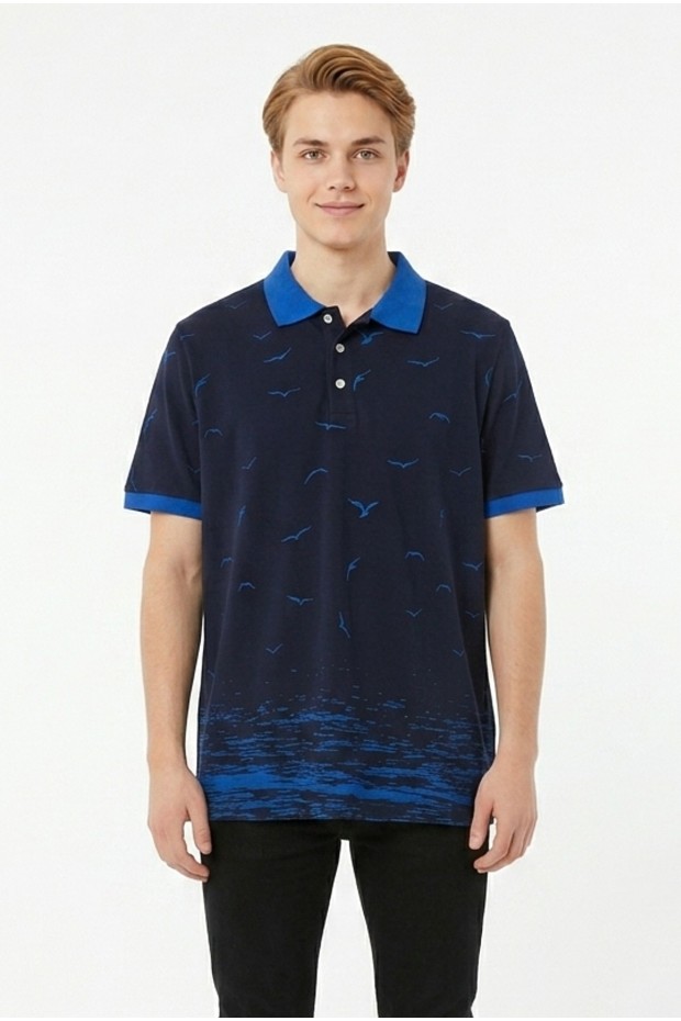 Erkek Martı Desenli Garnili Polo Yaka Kısa Kollu Slim Fit Pamuklu Tişört