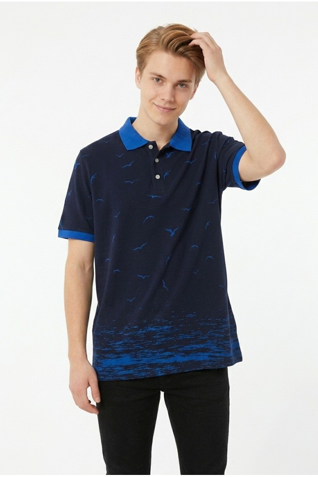 Erkek Martı Desenli Garnili Polo Yaka Kısa Kollu Slim Fit Pamuklu Tişört