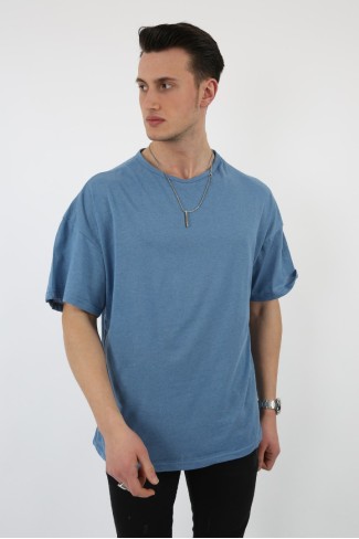 Sıfır Yaka Oversıze Koyu Mavi Tişört