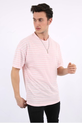 Çizgili Sıfır Yaka Oversıze Pembe Tişört