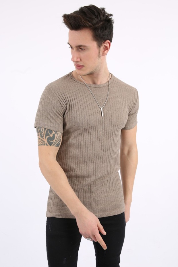 Fitili Sıfır Yaka Kahverengi Tişört