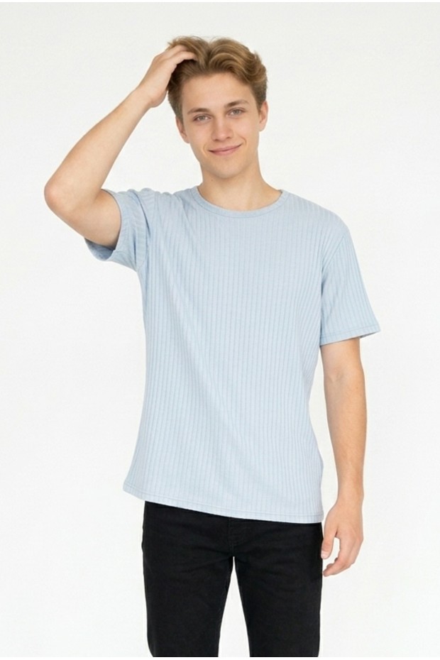 Erkek Fitilli Kumaş Bisiklet Yaka Slim Fit Esnek Kısa Kollu Yazlık Tişört