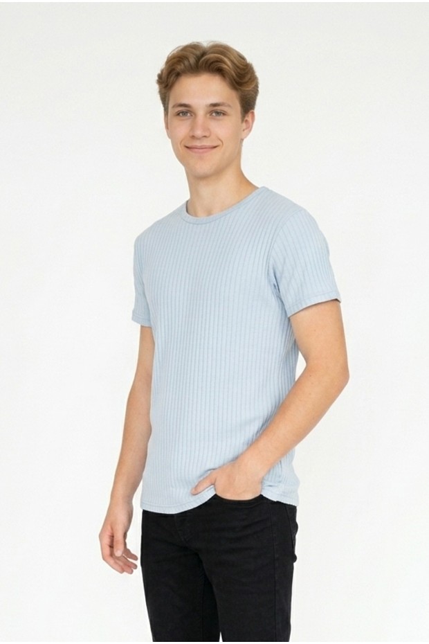 Erkek Fitilli Kumaş Bisiklet Yaka Slim Fit Esnek Kısa Kollu Yazlık Tişört