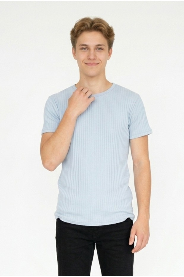 Erkek Fitilli Kumaş Bisiklet Yaka Slim Fit Esnek Kısa Kollu Yazlık Tişört