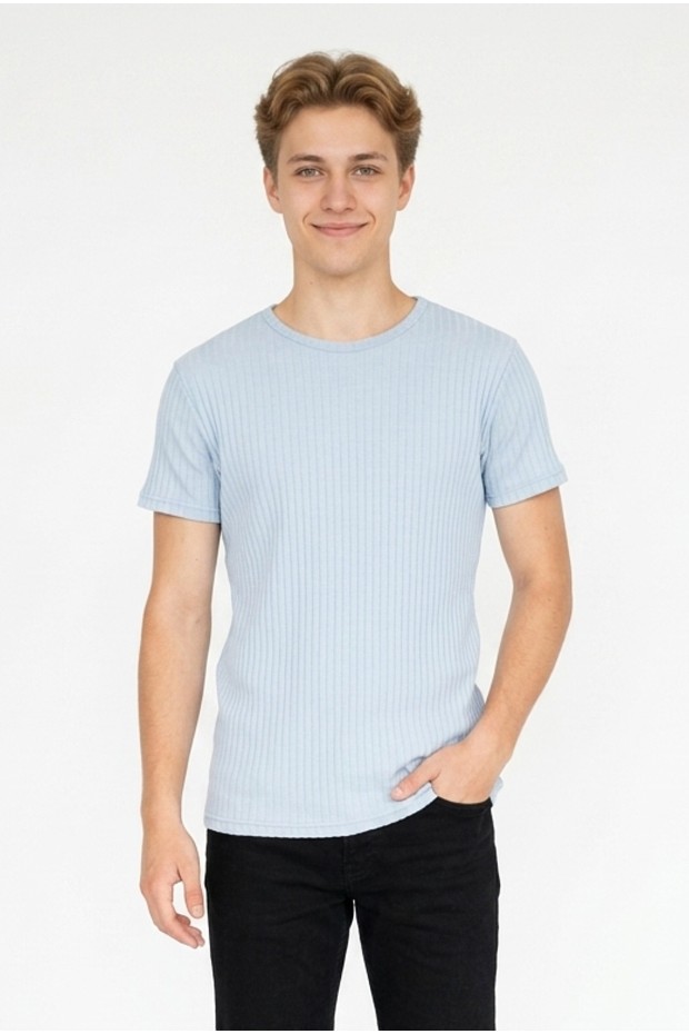 Erkek Fitilli Kumaş Bisiklet Yaka Slim Fit Esnek Kısa Kollu Yazlık Tişört