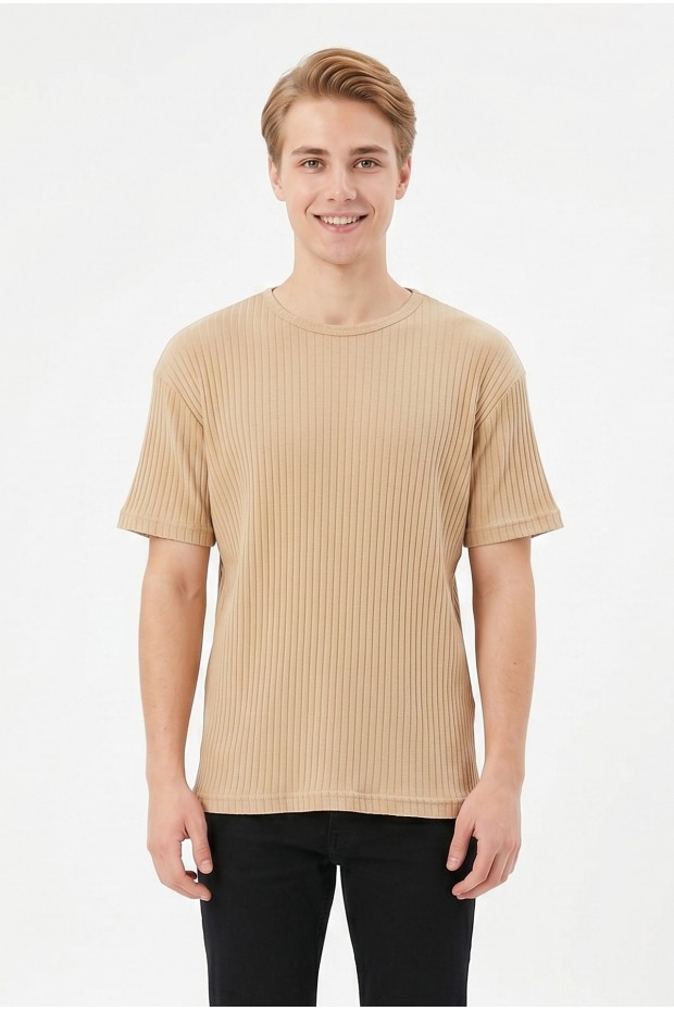Erkek Fitilli Kumaş Bisiklet Yaka Slim Fit Esnek Kısa Kollu Yazlık Tişört