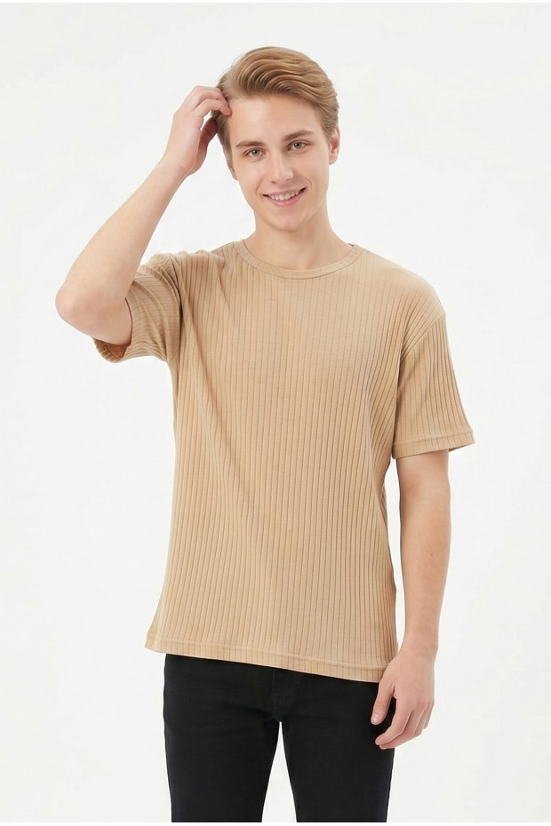 Erkek Fitilli Kumaş Bisiklet Yaka Slim Fit Esnek Kısa Kollu Yazlık Tişört