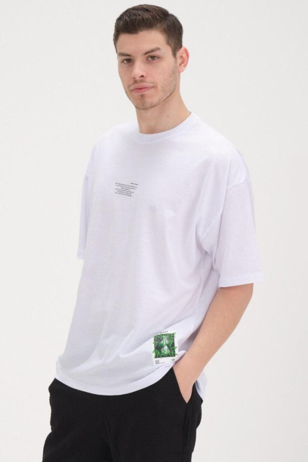 30/1 Penye Baskılı Oversize Beyaz Tişört 