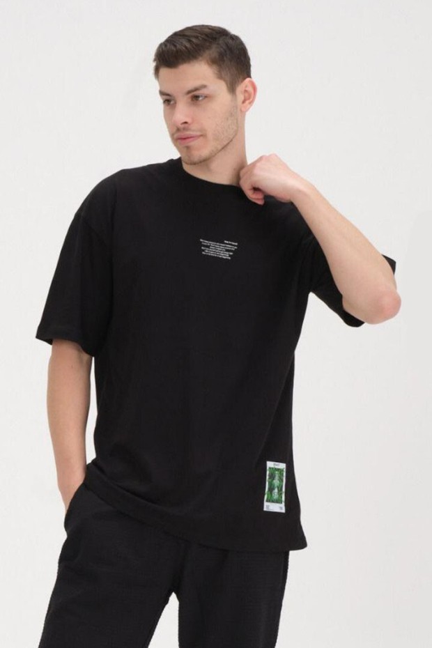 30/1 Penye Baskılı Oversize Siyah Tişört 