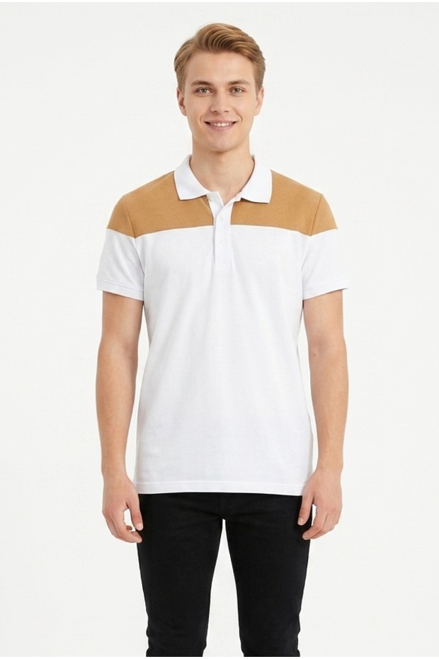 Erkek Omuz Panel Detaylı Polo Yaka Kısa Kollu Slim Fit Dokulu Örme Tişört