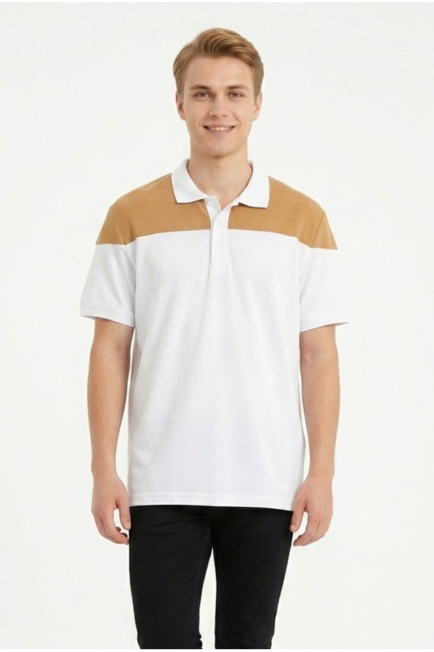 Erkek Omuz Panel Detaylı Polo Yaka Kısa Kollu Slim Fit Dokulu Örme Tişört
