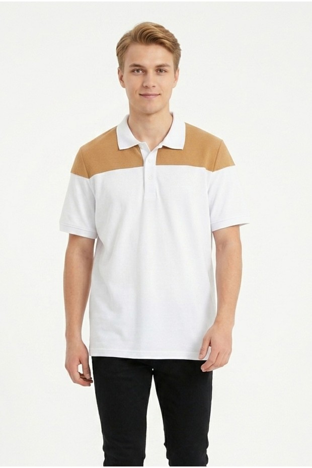 Erkek Omuz Panel Detaylı Polo Yaka Kısa Kollu Slim Fit Dokulu Örme Tişört