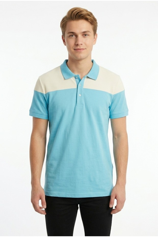 Erkek Omuz Panel Detaylı Polo Yaka Kısa Kollu Slim Fit Dokulu Örme Tişört