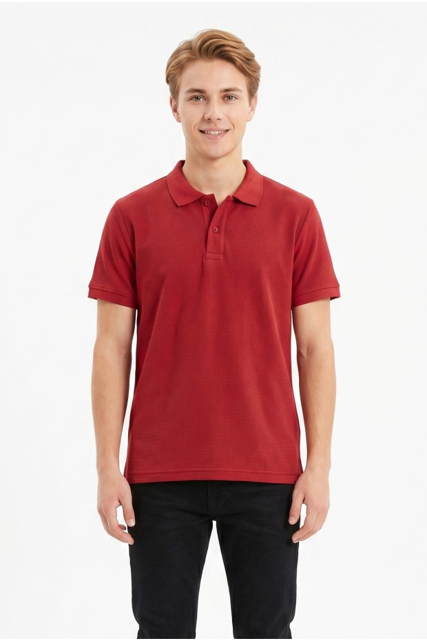 Erkek Kendinden Desenli Polo Yaka Kısa Kollu Slim Fit Dokulu Örme Tişört