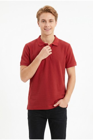 Erkek Kendinden Desenli Polo Yaka Kısa Kollu Slim Fit Dokulu Örme Tişört