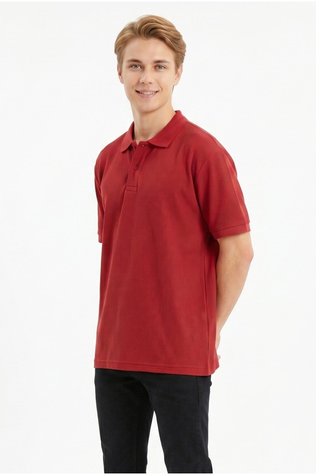Erkek Kendinden Desenli Polo Yaka Kısa Kollu Slim Fit Dokulu Örme Tişört