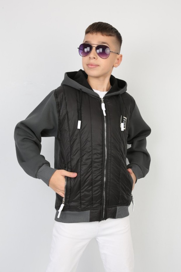 Üç İplik Kapşonlu Fermuarlı Baskılı Antrsit Sweat