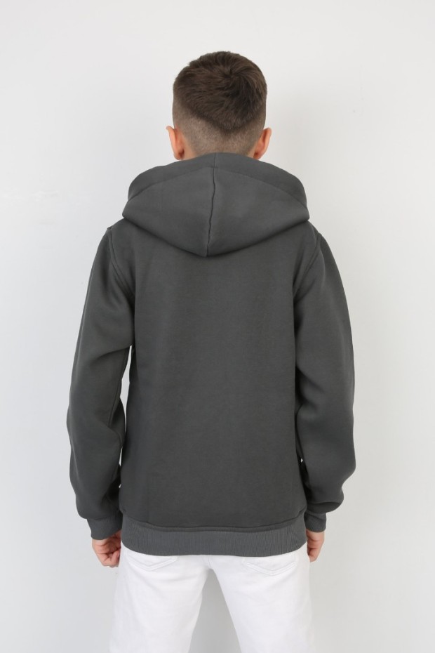 Üç İplik Kapşonlu Fermuarlı Baskılı Antrsit Sweat
