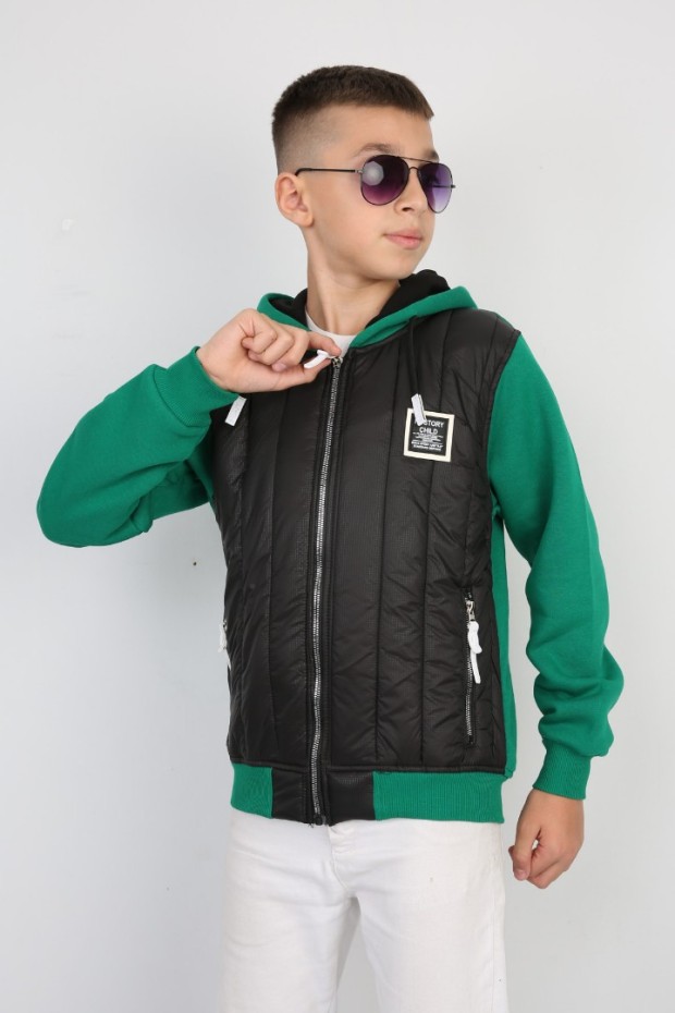 Üç İplik Kapşonlu Fermuarlı Baskılı Yeşil Sweat