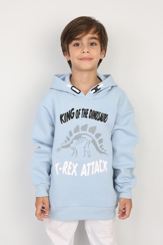 Üç İplik Şardonlu Baskılı Kapşonlu Mavi Sweat