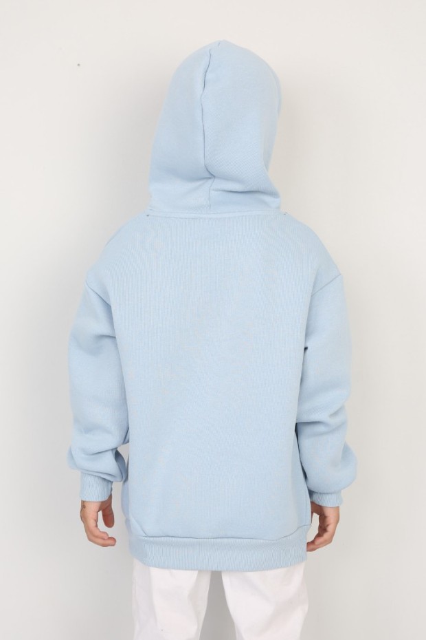 Üç İplik Şardonlu Baskılı Kapşonlu Mavi Sweat