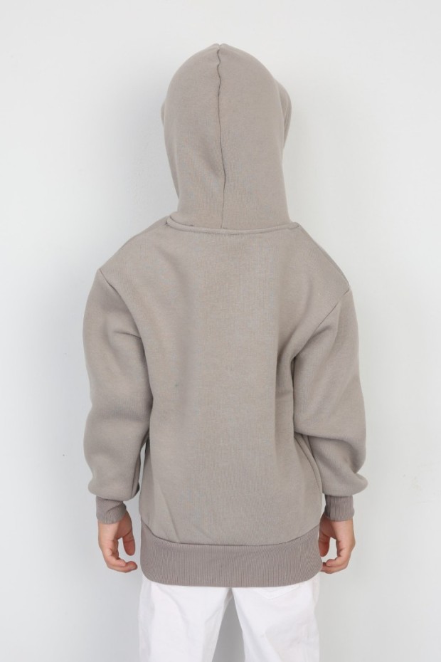 Üç İplik Şardonlu Baskılı Kapşonlu Taş Sweat