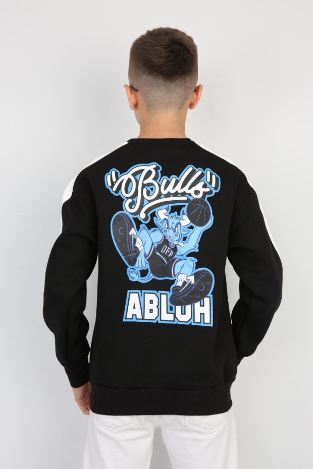 Üç İplik Şardonlu Arka Baskılı Siyah Sweat