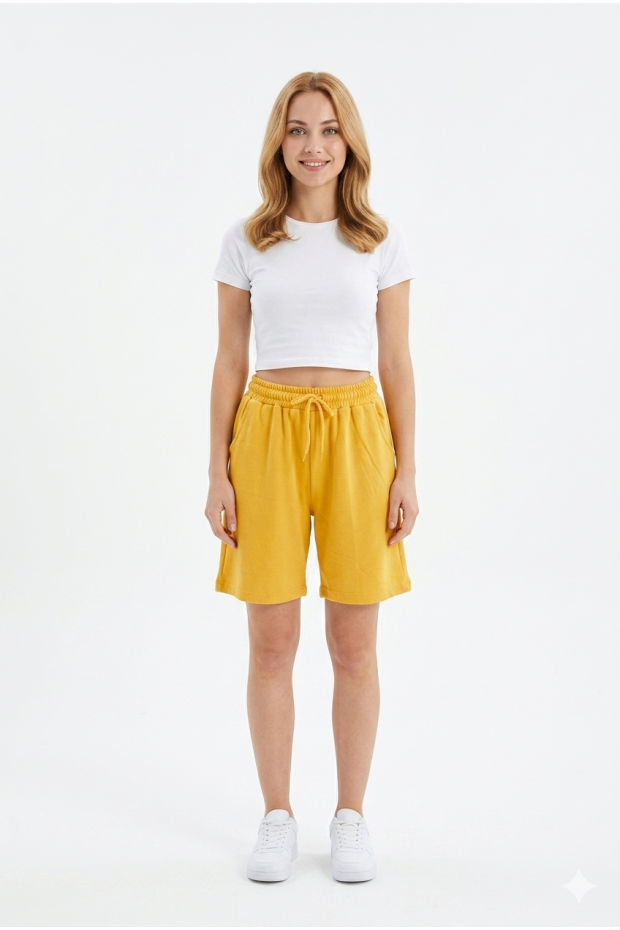 Bayan Yan Cepli Pamuklu Bağcıklı ve Esnek Belli Rahat Günlük Yazlık Penye Şort Kapri