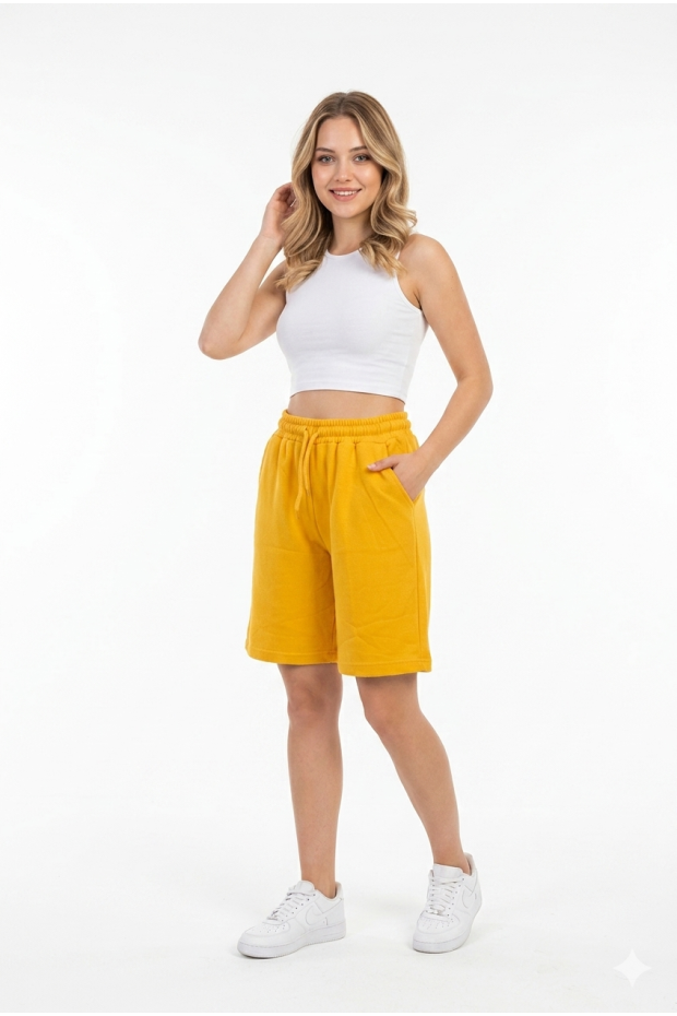 Bayan Yan Cepli Pamuklu Bağcıklı ve Esnek Belli Rahat Günlük Yazlık Penye Şort Kapri