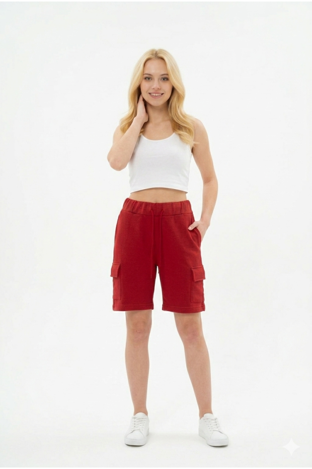 Bayan Kargo Cepli Pamuklu Bağcıklı ve Esnek Belli Rahat Günlük Yazlık Penye Şort Kapri