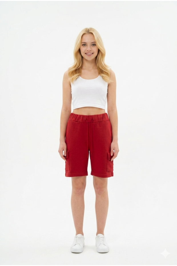 Bayan Kargo Cepli Pamuklu Bağcıklı ve Esnek Belli Rahat Günlük Yazlık Penye Şort Kapri