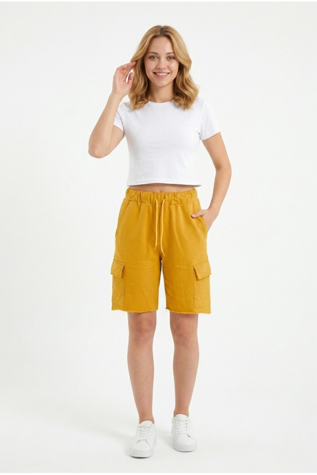 Bayan Kargo Cepli Pamuklu Bağcıklı ve Esnek Belli Rahat Günlük Yazlık Penye Şort Kapri