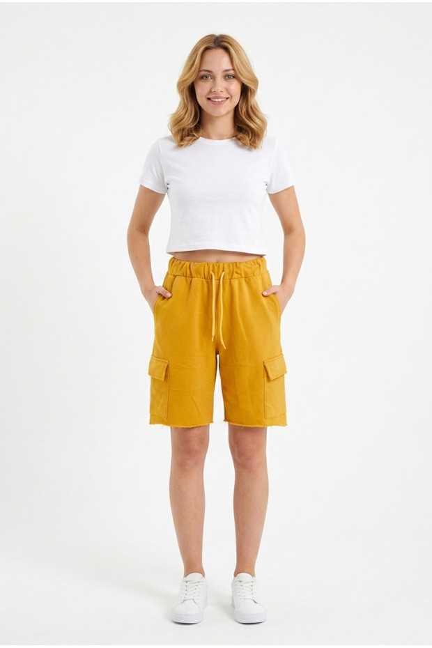 Bayan Kargo Cepli Pamuklu Bağcıklı ve Esnek Belli Rahat Günlük Yazlık Penye Şort Kapri