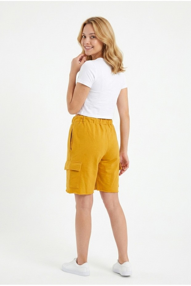 Bayan Kargo Cepli Pamuklu Bağcıklı ve Esnek Belli Rahat Günlük Yazlık Penye Şort Kapri