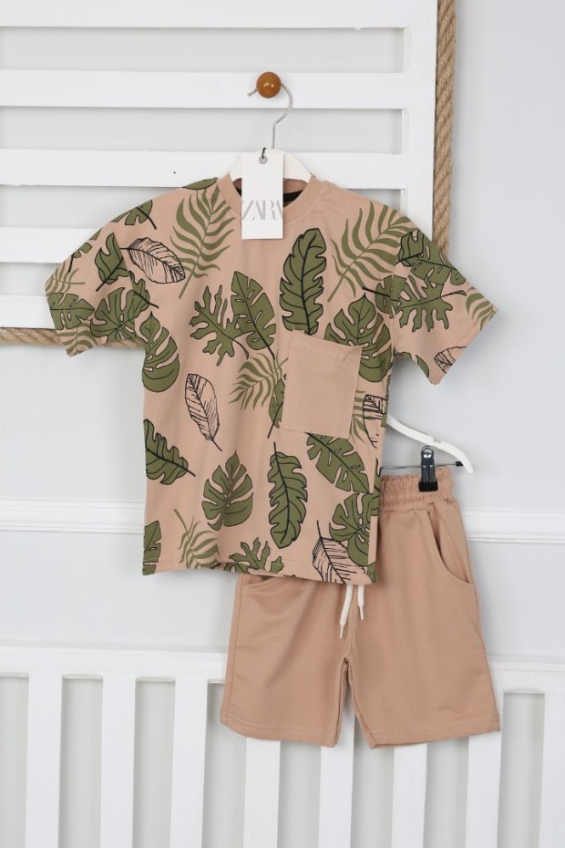 2-8 Yaş Arka Baskılı Tişört Ve Şortlu Vizon Takım