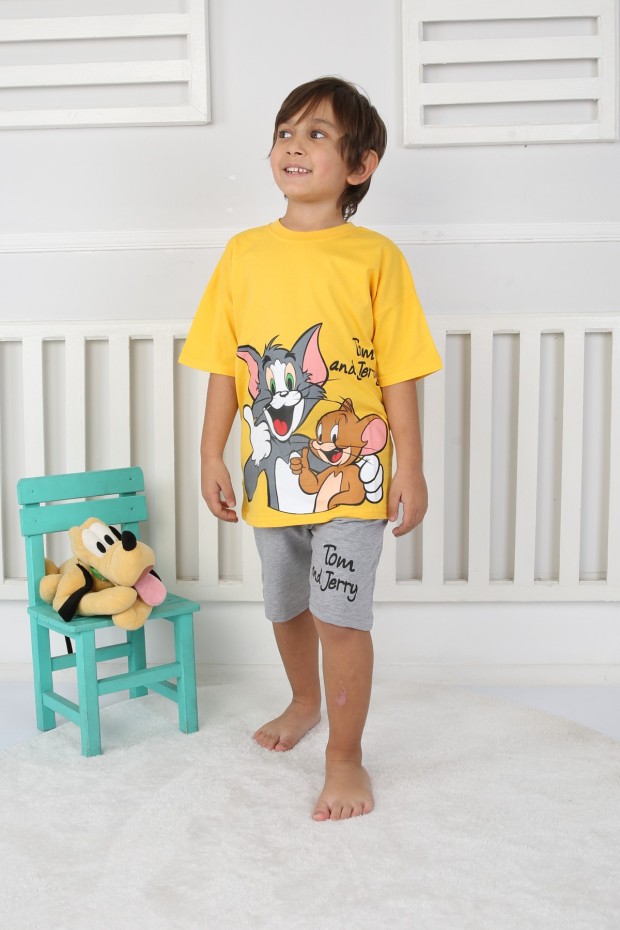 Baskılı Tişört Ve Şortlu Sarı Takım