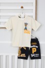 Arkası Baskılı Tişört Ve Şortlu Krem Takım