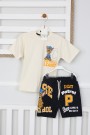 Arkası Baskılı Tişört Ve Şortlu Krem Takım