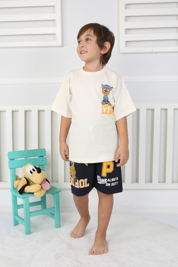 Arkası Baskılı Tişört Ve Şortlu Krem Takım