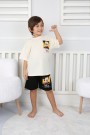 Arkası Baskılı Tişört Ve Şortlu Krem Takım