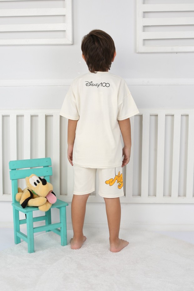 Arkası Baskılı Tişört Ve Şortlu Krem Takım